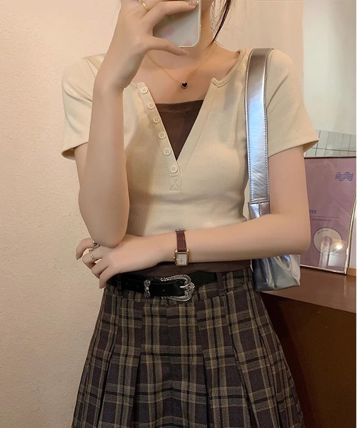 MAISON DE THERESE（メゾン ド テレーズ）の「コットンバイカラー半袖Tシャツ（Tシャツ/カットソー・レディース・ライトグレー/ピンク/ネイビー/アイボリー・S/M/L）」の8枚目の写真