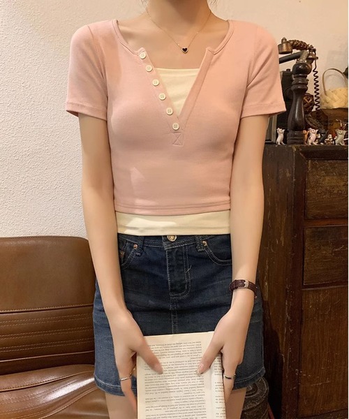 MAISON DE THERESE（メゾン ド テレーズ）の「コットンバイカラー半袖Tシャツ（Tシャツ/カットソー・レディース・ライトグレー/ピンク/ネイビー/アイボリー・S/M/L）」の20枚目の写真