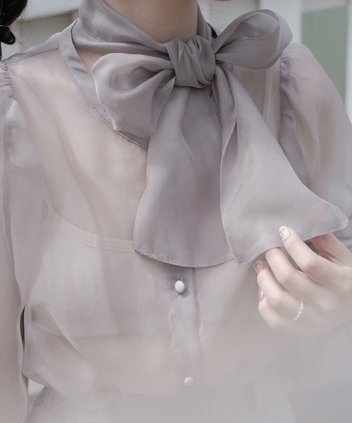 miolite（ミオライト）の「2WAY シアー パフスリーブ ボウタイ ブラウス miolite（シャツ/ブラウス・レディース・ピンクベージュ/グレー・M）」の6枚目の写真