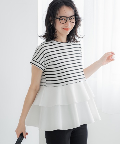 coca(coca)(コカ)の「異素材切り替え2段フリルTシャツ(Tシャツ/カットソー・レディース・その他1/ホワイト/ブラック/B/A・M/L/S)」の3枚目の写真