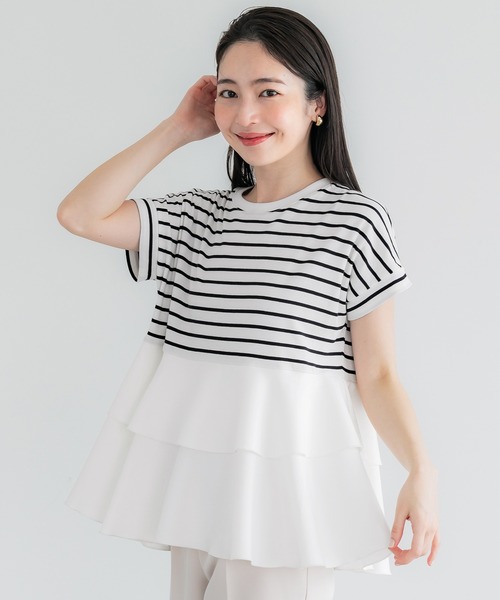 Tシャツ 切替 フリル シャーリング 半袖 無地 コットン カジュアル 異素材切り替え2段フリルTシャツ レディース メール便不可