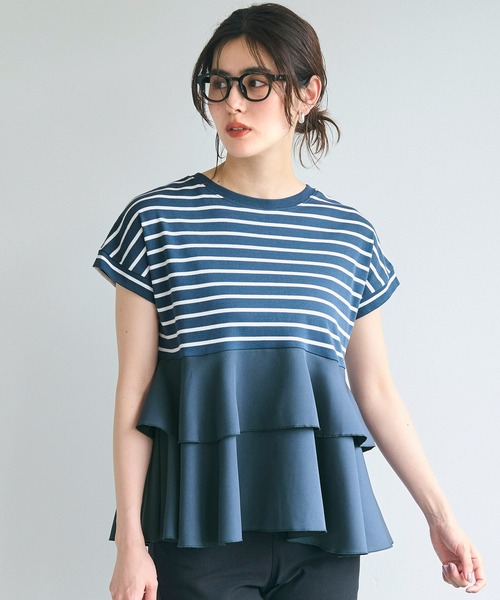 異素材切り替え2段フリルTシャツ（Tシャツ/カットソー）｜coca