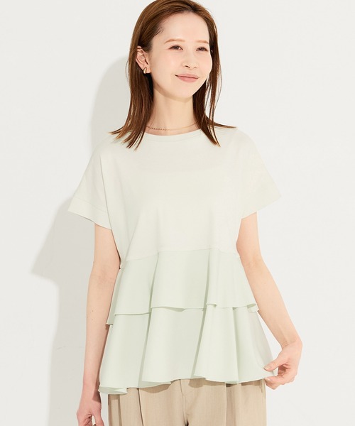 26ss新色追加／ 異素材切り替え2段フリルTシャツ（Tシャツ/カットソー