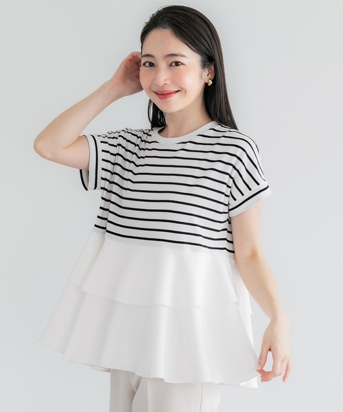 異素材切り替え2段フリルTシャツ（Tシャツ/カットソー）｜coca（coca
