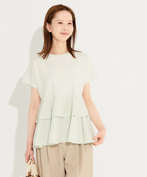 coca(coca)(コカ)の「\26ss新色追加/ 異素材切り替え2段フリルTシャツ(Tシャツ/カットソー・レディース・その他1/ホワイト/ブラック/B/A/ライトグリーン・M/L/S/XL)」の8枚目の写真