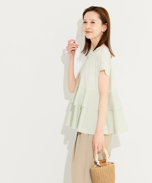 coca(coca)(コカ)の「\26ss新色追加/ 異素材切り替え2段フリルTシャツ(Tシャツ/カットソー・レディース・その他1/ホワイト/ブラック/B/A/ライトグリーン・M/L/S/XL)」の9枚目の写真