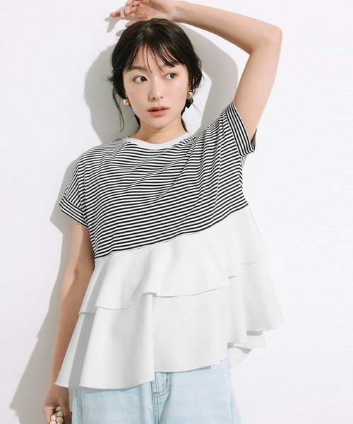 coca(coca)(コカ)の「\26ss新色追加/ 異素材切り替え2段フリルTシャツ(Tシャツ/カットソー・レディース・その他1/ホワイト/ブラック/B/A/ライトグリーン・M/L/S/XL)」の11枚目の写真