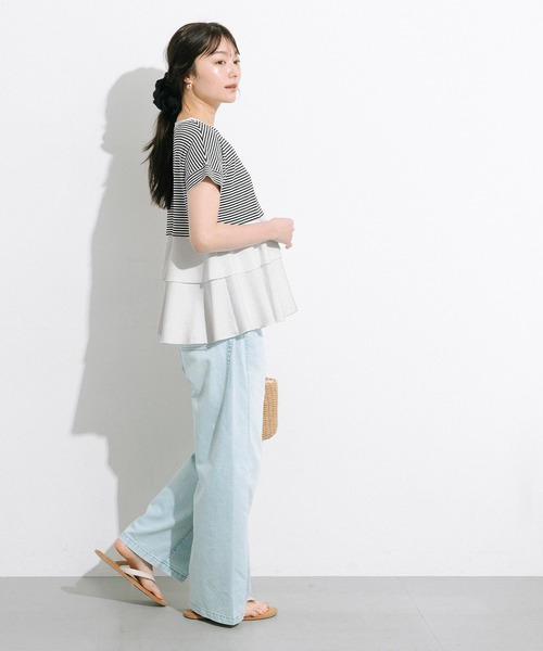 coca(coca)(コカ)の「\26ss新色追加/ 異素材切り替え2段フリルTシャツ(Tシャツ/カットソー・レディース・その他1/ホワイト/ブラック/B/A/ライトグリーン・M/L/S/XL)」の13枚目の写真