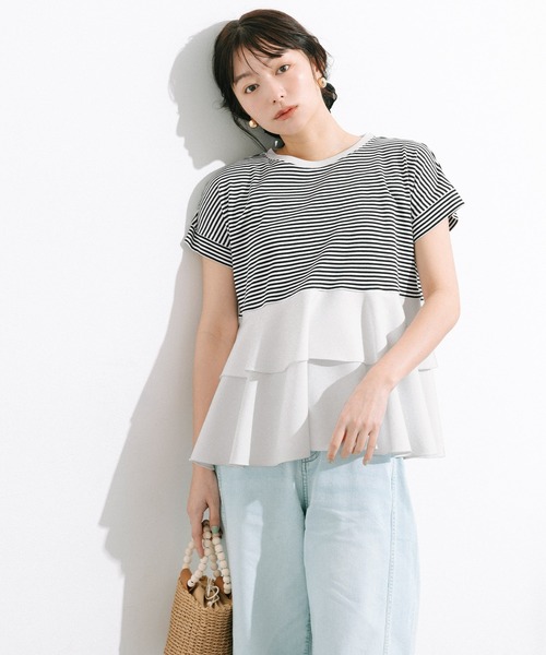 coca(coca)(コカ)の「\26ss新色追加/ 異素材切り替え2段フリルTシャツ(Tシャツ/カットソー・レディース・その他1/ホワイト/ブラック/B/A/ライトグリーン・M/L/S/XL)」の14枚目の写真