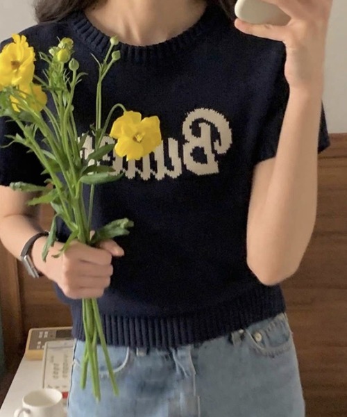 Chick（チック）の「butter ロゴ半袖ニットトップス（ニット/セーター・レディース・ネイビー/ホワイト・FREE）」の2枚目の写真