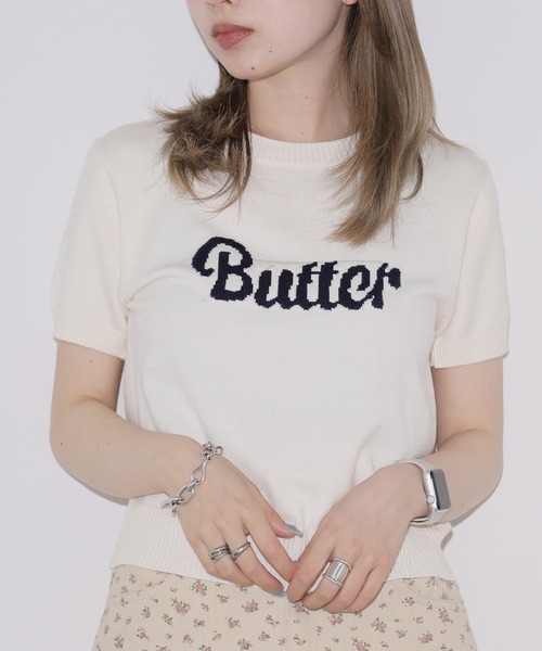 Chick（チック）の「butter ロゴ半袖ニットトップス（ニット/セーター・レディース・ネイビー/ホワイト・FREE）」の13枚目の写真