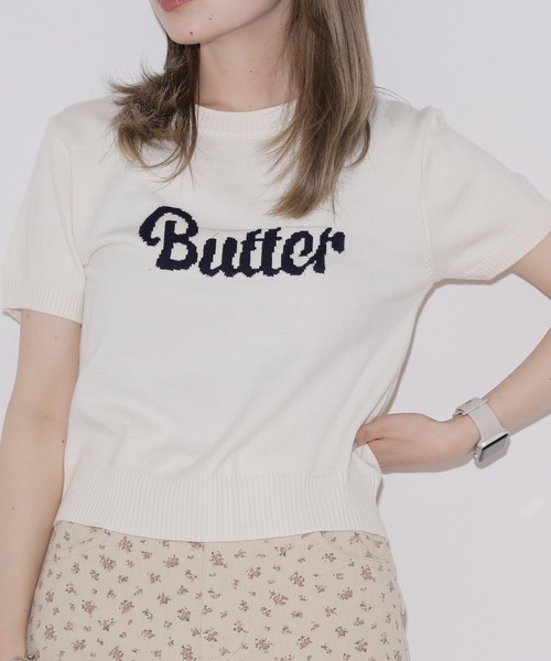 Chick（チック）の「butter ロゴ半袖ニットトップス（ニット/セーター・レディース・ネイビー/ホワイト・FREE）」の12枚目の写真