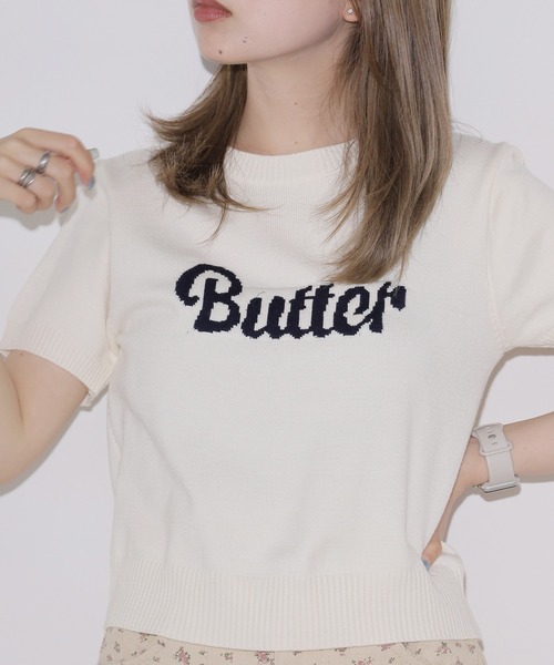Chick（チック）の「butter ロゴ半袖ニットトップス（ニット/セーター・レディース・ネイビー/ホワイト・FREE）」の11枚目の写真