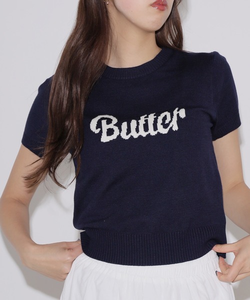 Chick（チック）の「butter ロゴ半袖ニットトップス（ニット/セーター・レディース・ネイビー/ホワイト・FREE）」の7枚目の写真