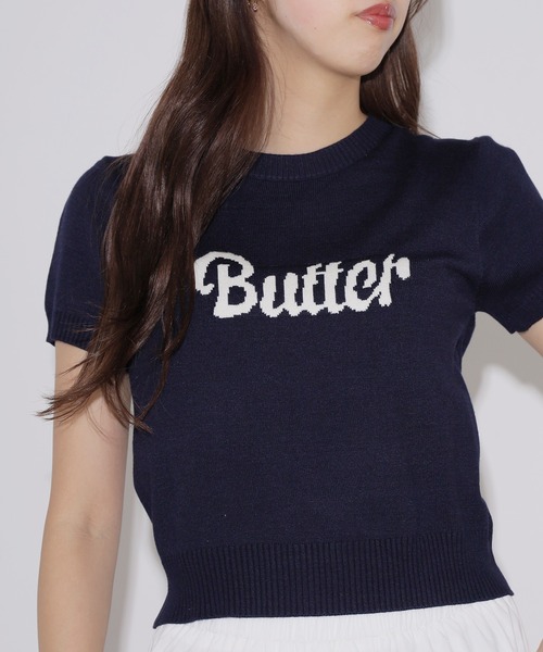 Chick（チック）の「butter ロゴ半袖ニットトップス（ニット/セーター・レディース・ネイビー/ホワイト・FREE）」の6枚目の写真