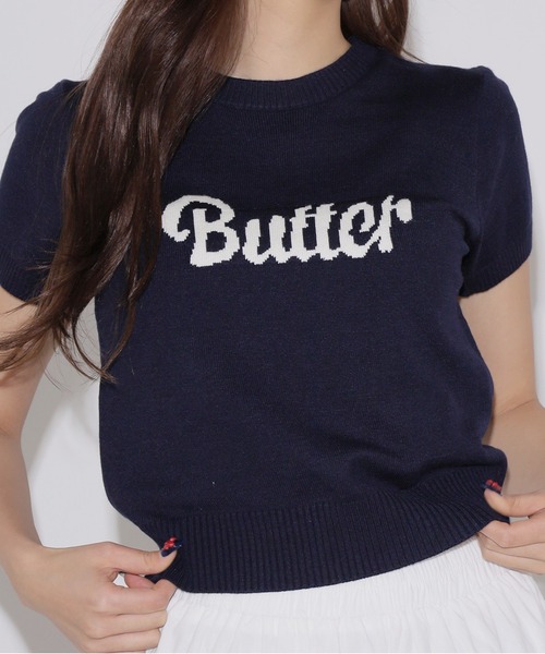 Chick（チック）の「butter ロゴ半袖ニットトップス（ニット/セーター・レディース・ネイビー/ホワイト・FREE）」の8枚目の写真