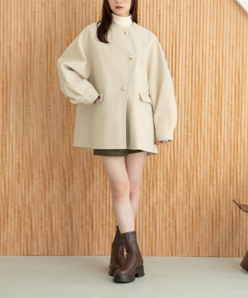 hinari ヒナリ ウェーブデザインミドルコート　アイボリー　Sサイズ ウェーブデザインミドルコート（その他アウター）｜hinari