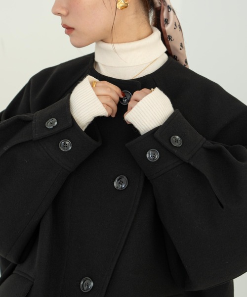 hinari ウェーブデザインミドルコート　ブラック ウェーブデザインミドルコート（その他アウター）｜hinari（ヒナリ）の