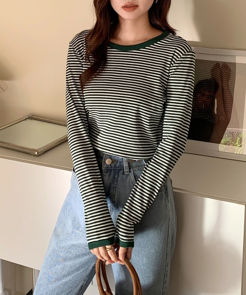 SHEPP(シープ)の「配色ボーダー ロンT(Tシャツ/カットソー・レディース・グリーン/オレンジ・L/XL/M)」の1枚目の写真