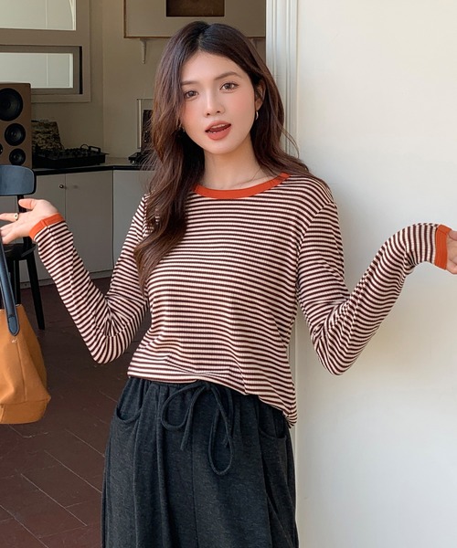 SHEPP(シープ)の「配色ボーダー ロンT(Tシャツ/カットソー・レディース・グリーン/オレンジ・L/XL/M)」の3枚目の写真