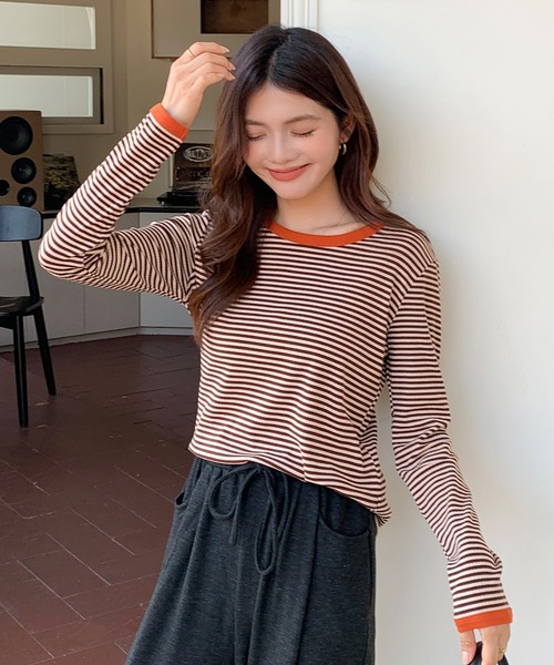SHEPP(シープ)の「配色ボーダー ロンT(Tシャツ/カットソー・レディース・グリーン/オレンジ・L/XL/M)」の4枚目の写真