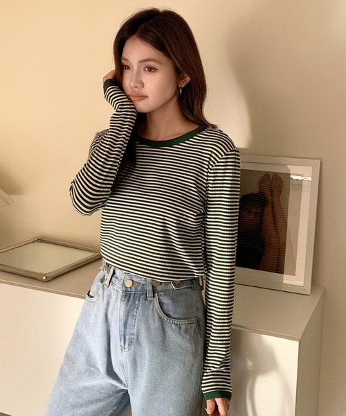 SHEPP(シープ)の「配色ボーダー ロンT(Tシャツ/カットソー・レディース・グリーン/オレンジ・L/XL/M)」の5枚目の写真