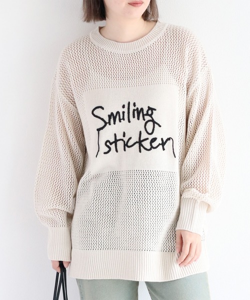 セール】透かし編み・刺繍ロゴニットプルオーバー（ニット/セーター