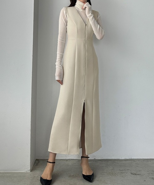 Louere（ルエレ）の「フロントダブルジップIラインジャンパースカート[高身長サイズMT/低身長サイズS有り]（ジャンパースカート・レディース・ブラック/アイボリー/ネイビー/ダークグレー/ベージュ系その他・MT/X-LARGE/LARGE/MEDIUM/SMALL）」の17枚目の写真