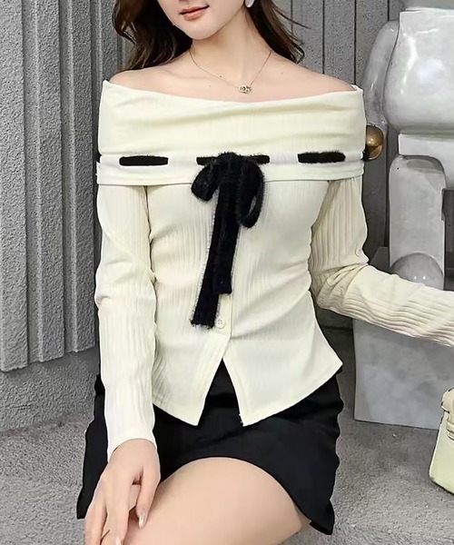 セール】バイカラーボウ付きオフショルニットトップス」（Tシャツ