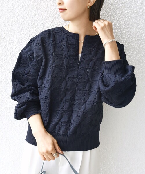 シップス2WAY フラワー ジャカード ハーフ ジップ プルオーバー WEB限定】〈洗濯機可能〉2WAY フラワー ジャカード ハーフ