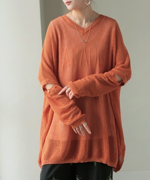 HUG.U(ハグユー)の「半袖 / 長袖 2way ロゴメッシュニット(ニット/セーター・レディース・ブラック/オレンジ/アイボリー/グレー・FREE)」の4枚目の写真
