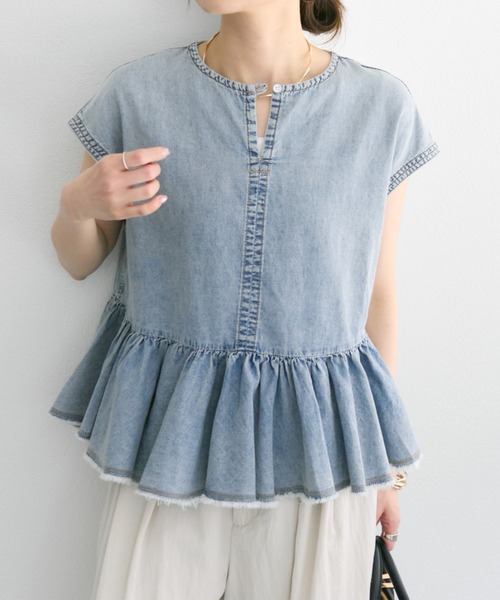 【s.k⭐︎】Scye クリーム麻フレンチスリーブブラウス38美品 25th】綿麻デニムフレンチスリーブブラウス（シャツ/ブラウス