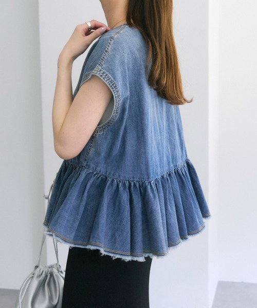 【s.k⭐︎】Scye クリーム麻フレンチスリーブブラウス38美品 25th】綿麻デニムフレンチスリーブブラウス（シャツ/ブラウス