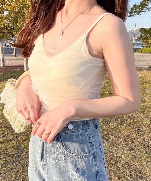 merrylatte（メリーラテ）の「カップ付きレイヤードチュールキャミソール（キャミソール・レディース・ベージュ・MEDIUM）」の5枚目の写真