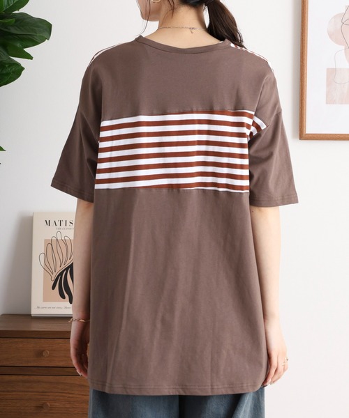 Emago(イマゴ)の「EMAGO 配色切替えチュニック(Tシャツ/カットソー・レディース・杢グレー/ネイビー/ホワイト×ブラウン・FREE)」の11枚目の写真