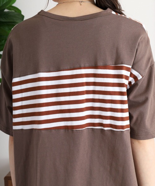 Emago(イマゴ)の「EMAGO 配色切替えチュニック(Tシャツ/カットソー・レディース・杢グレー/ネイビー/ホワイト×ブラウン・FREE)」の16枚目の写真