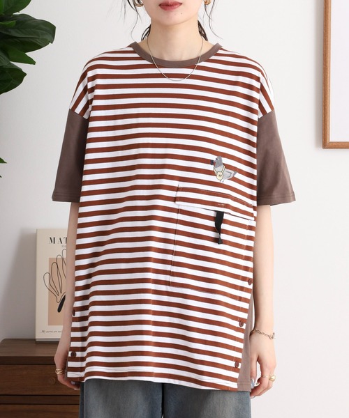 Emago(イマゴ)の「EMAGO 配色切替えチュニック(Tシャツ/カットソー・レディース・杢グレー/ネイビー/ホワイト×ブラウン・FREE)」の9枚目の写真