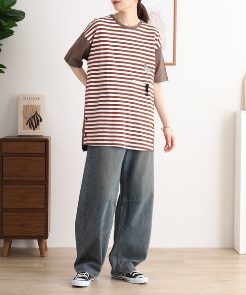 Emago(イマゴ)の「EMAGO 配色切替えチュニック(Tシャツ/カットソー・レディース・杢グレー/ネイビー/ホワイト×ブラウン・FREE)」の7枚目の写真