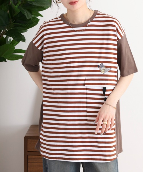 Emago(イマゴ)の「EMAGO 配色切替えチュニック(Tシャツ/カットソー・レディース・杢グレー/ネイビー/ホワイト×ブラウン・FREE)」の17枚目の写真