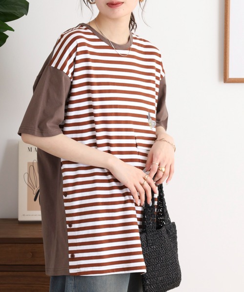 Emago(イマゴ)の「EMAGO 配色切替えチュニック(Tシャツ/カットソー・レディース・杢グレー/ネイビー/ホワイト×ブラウン・FREE)」の4枚目の写真