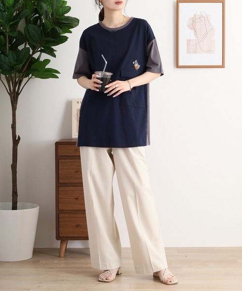 Emago(イマゴ)の「EMAGO 配色切替えチュニック(Tシャツ/カットソー・レディース・杢グレー/ネイビー/ホワイト×ブラウン・FREE)」の18枚目の写真