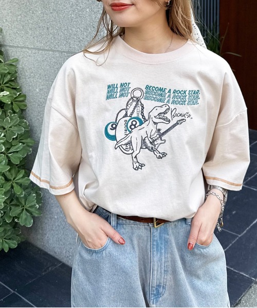 DOUBLE NAME（ダブルネーム）の「伝説のロックスターになりたい恐竜刺しゅうBIG TEE（Tシャツ/カットソー・レディース・ブラック系その他/イエロー/オフホワイト・FREE）」の19枚目の写真