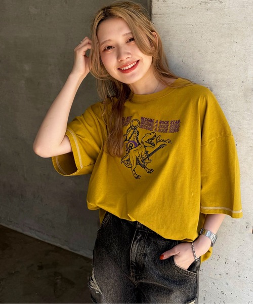 tシャツ 販売開始から大人気!!伝説のロックスターになりたい恐竜刺しゅうBIG TEE レディース 販売開始から大人気!!伝説のロックスターになりたい恐竜刺しゅう