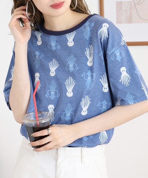 BARNDOOR(バーンドア)の「20天竺 衿リブプリントTシャツ(Tシャツ/カットソー・レディース・ネイビー系1/イエロー系2/ホワイト系3/ホワイト系1/ホワイト系2/ネイビー系3・FREE)」の5枚目の写真