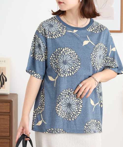 10%OFFクーポン Tシャツ レディース BARNDOOR バーンドア 20天竺 衿リブ プリント Tシャツ 1191189G 春 夏 カットソー 半袖 5分袖 薄手 涼しい 花柄 フラワー BARNDOOR 10%OFFクーポン Tシャツ レディース バーンドア 20天竺