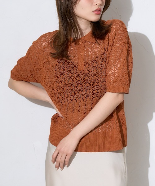 TRIANGLE PALETTE(トライアングルパレット)の「透かし編み半袖ポロニットプルオーバー(ニット/セーター・レディース・ホワイト/ネイビー/オレンジ/ピンク・FREE)」の4枚目の写真