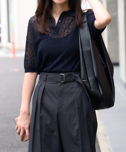 hello,bonjour!(ハローボンジュール) 半袖セーター レディース美品  - 黒 クルーネック AMBIDEX Store △〇SHEER knit polo(F ボーダー): l'atelier du