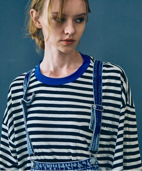 RNA（アールエヌエー）の「M2527 ボーダーBIGポケT（Tシャツ/カットソー・レディース・ブラック×ホワイト/ブラック×ブラック/ホワイト×パープル・MEDIUM）」の3枚目の写真