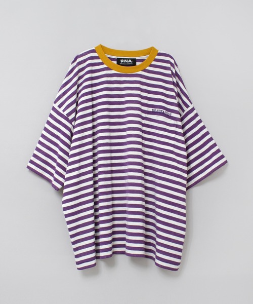 RNA（アールエヌエー）の「M2527 ボーダーBIGポケT（Tシャツ/カットソー・レディース・ブラック×ホワイト/ブラック×ブラック/ホワイト×パープル・MEDIUM）」の6枚目の写真