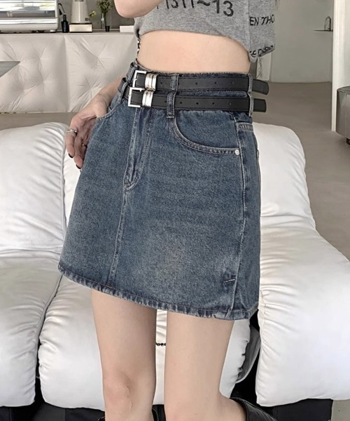 shoppinggo（ショッピングゴー）の「デニムミニスカート ダブルベルト デニムスカート ショートスカート（デニムスカート・レディース・ブラック/ブルー・M/L）」の10枚目の写真